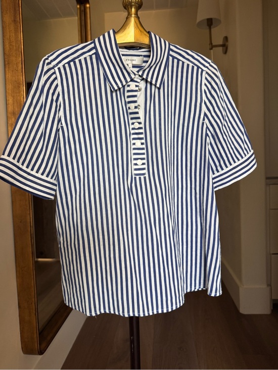Frame Denim Tops - Frame Denim Blue & White Striped Short Sleeve Polo